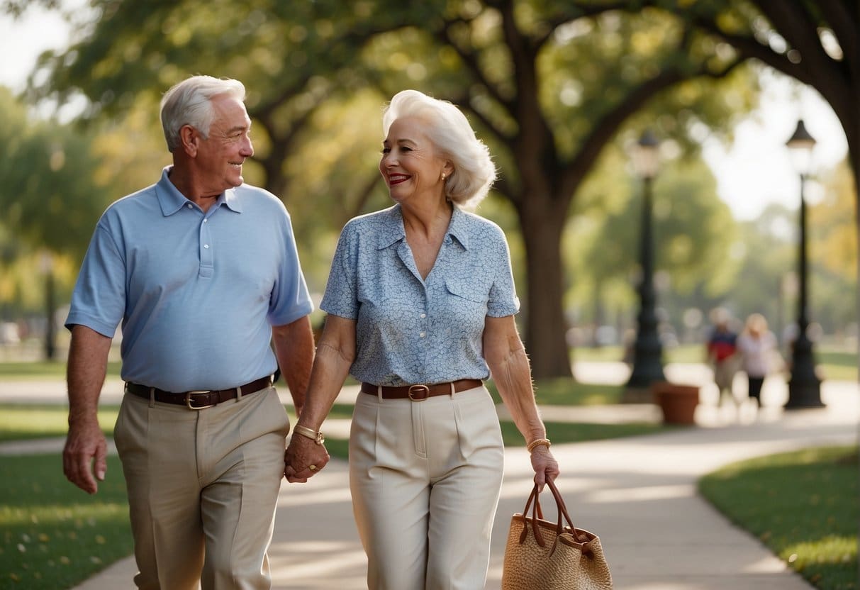 A senior couple walks through a park, surrounded by helpful resources and tips for maintaining their health in Fort Worth