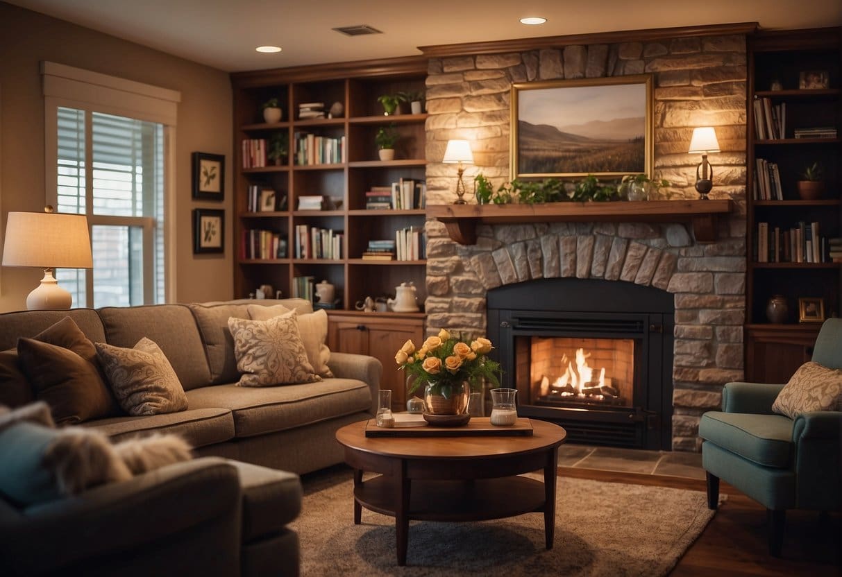 A cozy senior living room with comfortable furniture, soft lighting, and a warm fireplace. A bookshelf filled with books and family photos, creating a welcoming and homely atmosphere